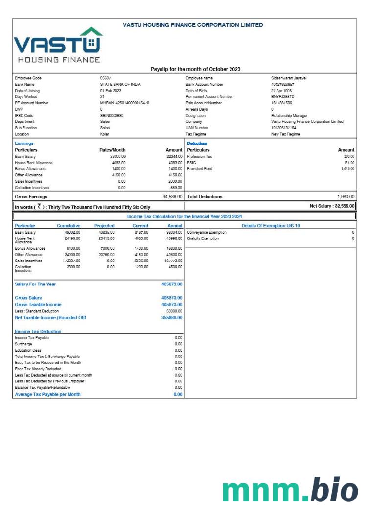 Szablon odcinka wypłaty Vastu Housing Finance Corporation w formatach Word i PDF